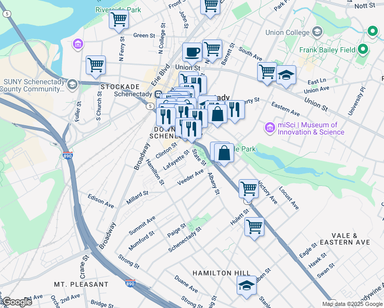map of restaurants, bars, coffee shops, grocery stores, and more near in Schenectady