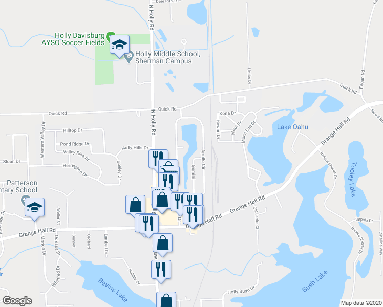 map of restaurants, bars, coffee shops, grocery stores, and more near 127187 Apollo Drive in Holly