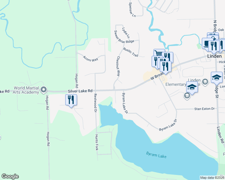 map of restaurants, bars, coffee shops, grocery stores, and more near 4069 Silver Lake Rd in Linden