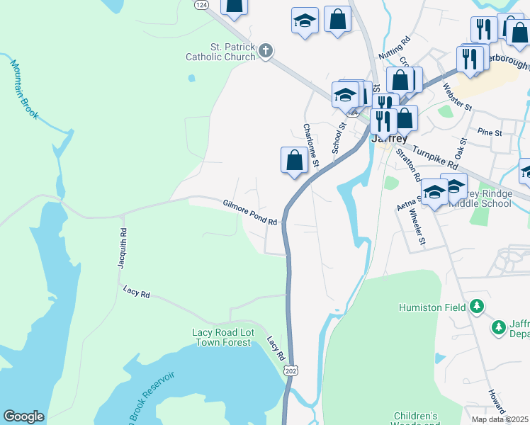 map of restaurants, bars, coffee shops, grocery stores, and more near 20 Gilmore Pond Road in Jaffrey