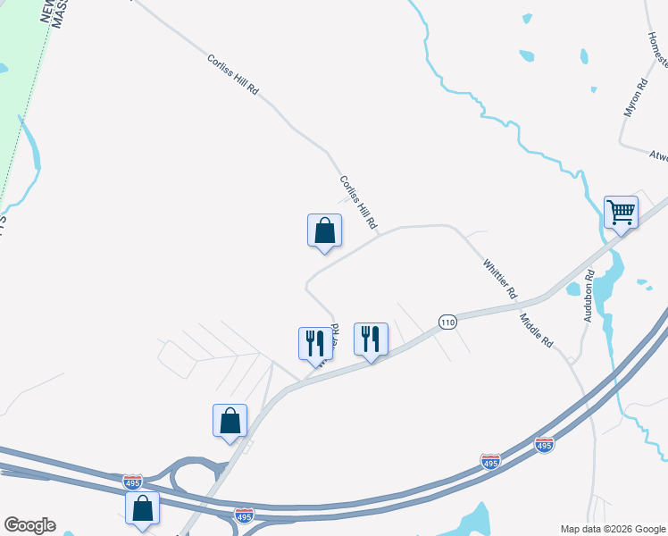 map of restaurants, bars, coffee shops, grocery stores, and more near 120 Whittier Road in Haverhill