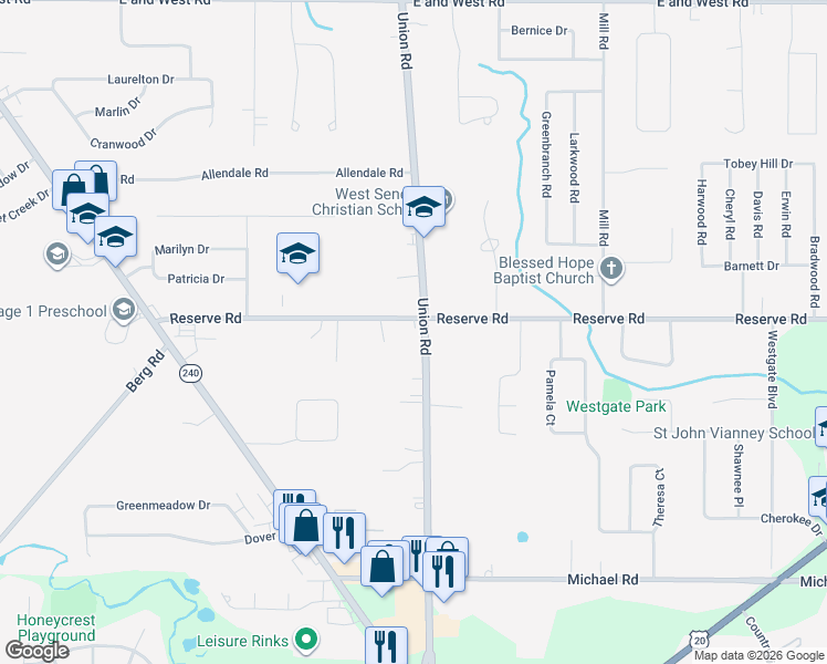map of restaurants, bars, coffee shops, grocery stores, and more near 264 Reserve Road in West Seneca