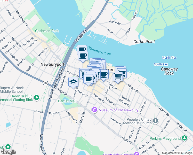 map of restaurants, bars, coffee shops, grocery stores, and more near 3 Merrimac Street in Newburyport