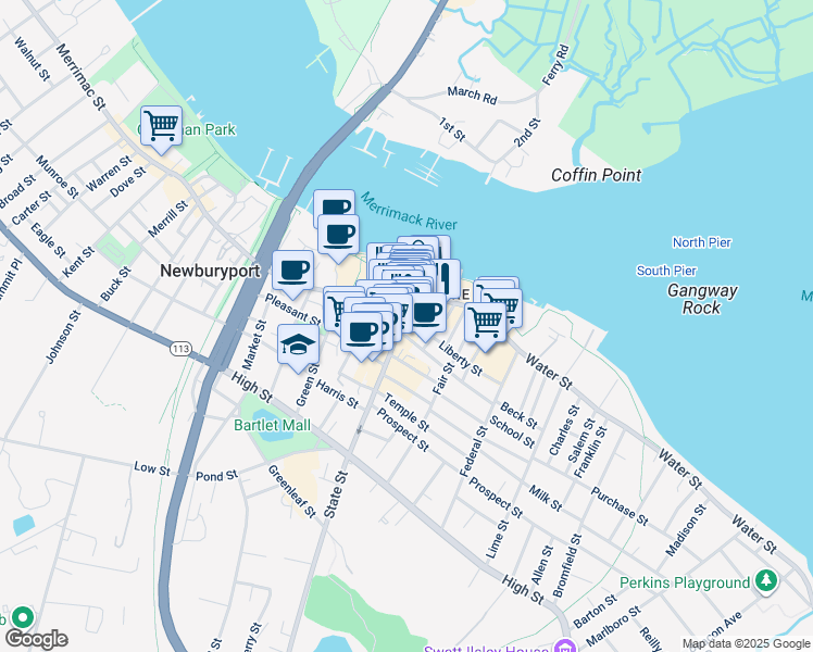 map of restaurants, bars, coffee shops, grocery stores, and more near 14 Market Square in Newburyport