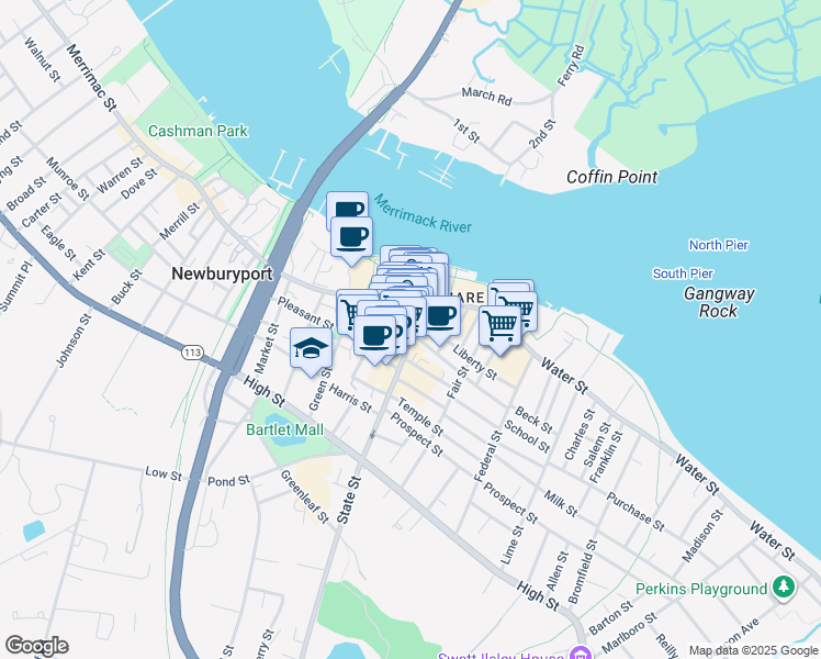map of restaurants, bars, coffee shops, grocery stores, and more near 3 Merrimac Street in Newburyport