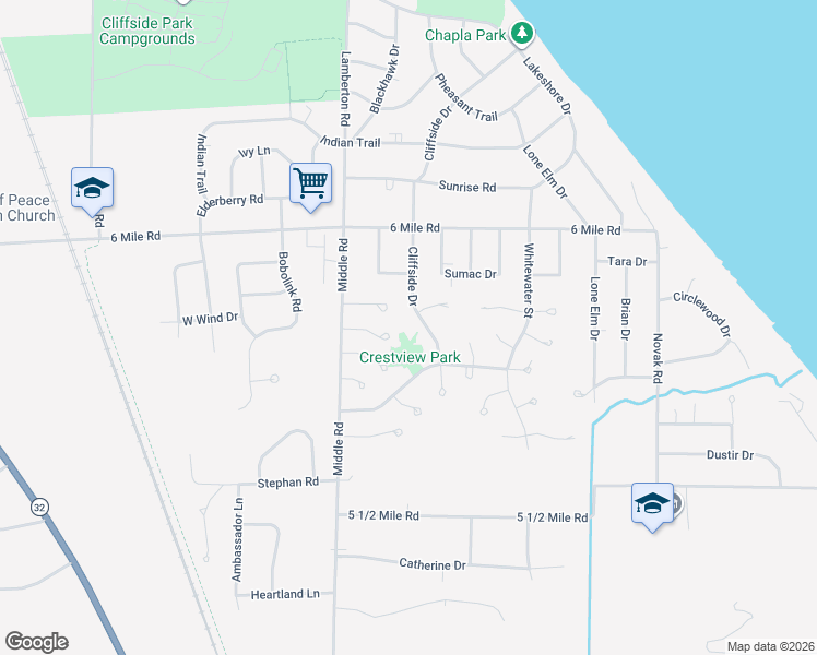 map of restaurants, bars, coffee shops, grocery stores, and more near 6820 Cliffside Drive in Racine