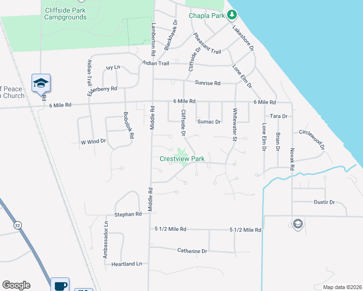 map of restaurants, bars, coffee shops, grocery stores, and more near 6820 Cliffside Drive in Racine