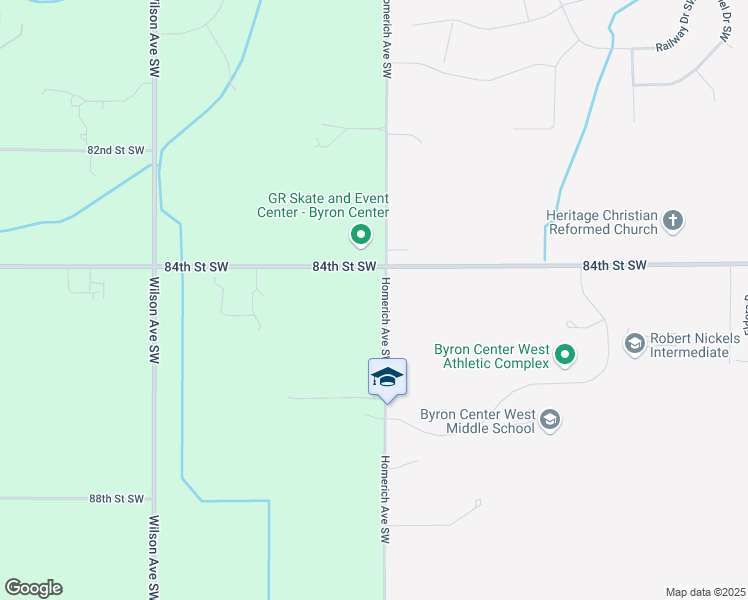 map of restaurants, bars, coffee shops, grocery stores, and more near 8451 Homerich Avenue Southwest in Byron Center