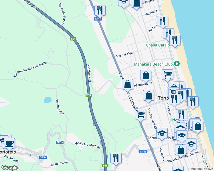 map of restaurants, bars, coffee shops, grocery stores, and more near 4 Via Vascello in Tortoreto Lido