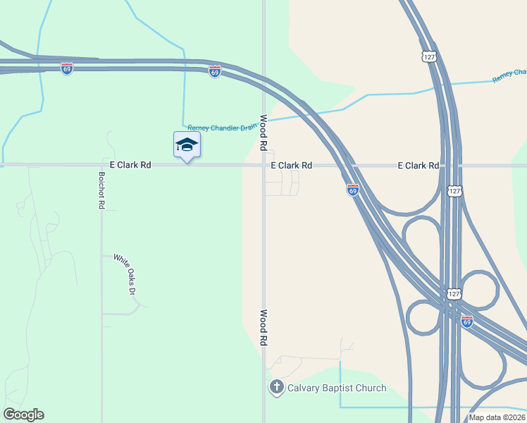 map of restaurants, bars, coffee shops, grocery stores, and more near 14122 Wood Road in Lansing