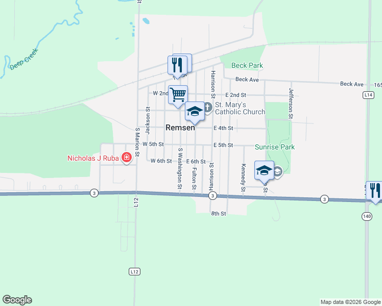 map of restaurants, bars, coffee shops, grocery stores, and more near 401-499 Fulton Street in Remsen