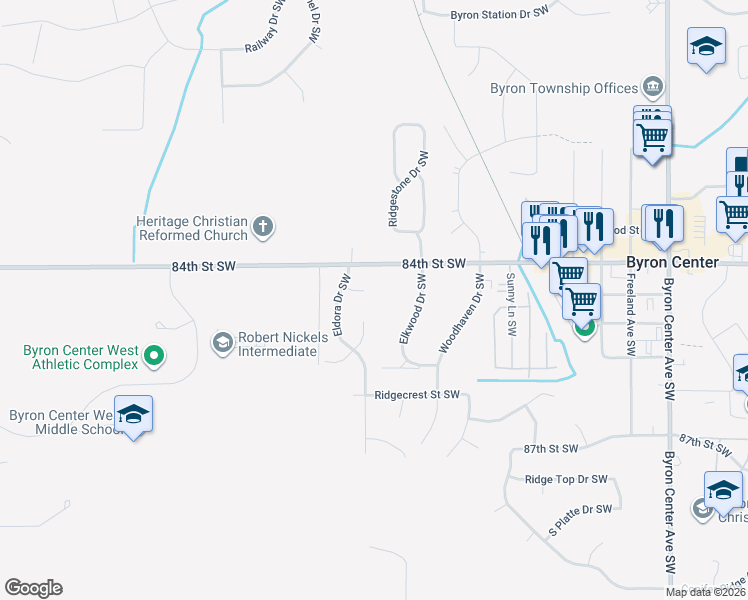 map of restaurants, bars, coffee shops, grocery stores, and more near 2937 Eldora Court Southwest in Byron Center