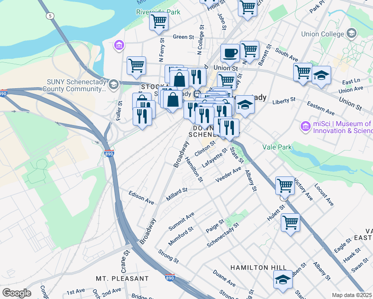map of restaurants, bars, coffee shops, grocery stores, and more near 245 Broadway in Schenectady