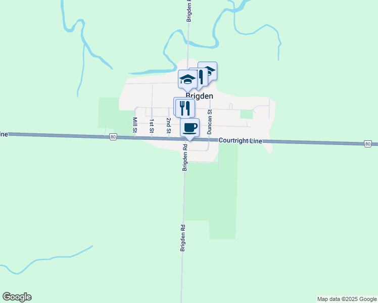map of restaurants, bars, coffee shops, grocery stores, and more near 2403 Courtright Line in Brigden
