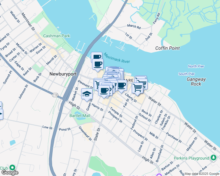 map of restaurants, bars, coffee shops, grocery stores, and more near 3 Merrimac Street in Newburyport