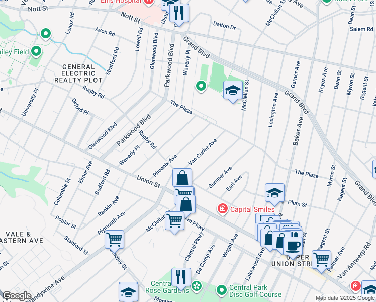 map of restaurants, bars, coffee shops, grocery stores, and more near 1154 Phoenix Avenue in Schenectady