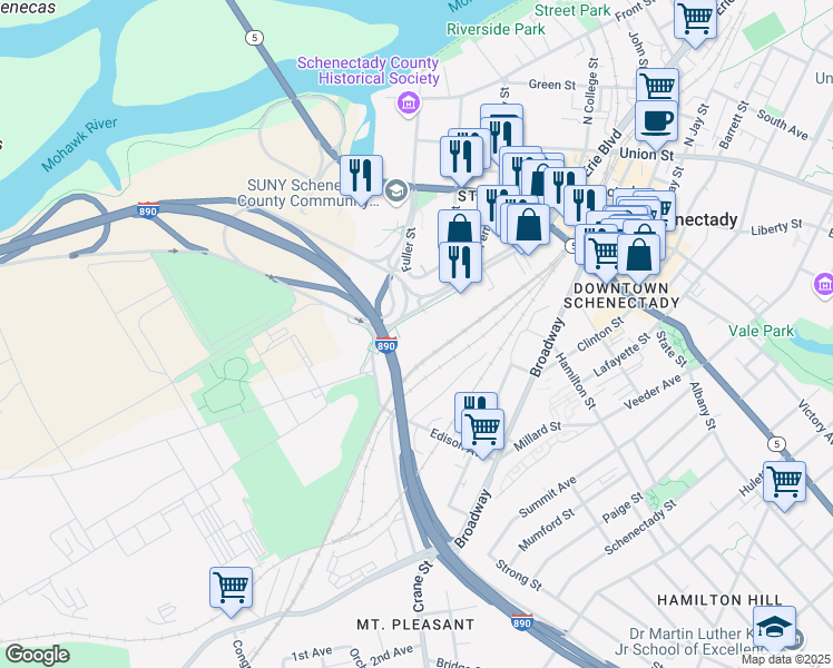 map of restaurants, bars, coffee shops, grocery stores, and more near 118 Erie Blvd in Schenectady