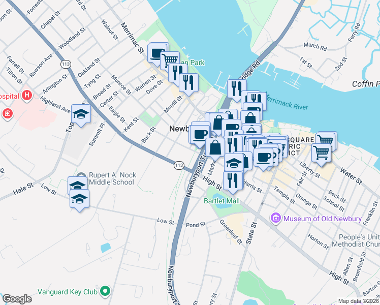 map of restaurants, bars, coffee shops, grocery stores, and more near 41 Washington Street in Newburyport