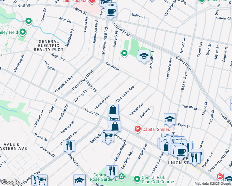 map of restaurants, bars, coffee shops, grocery stores, and more near 1154 Phoenix Avenue in Schenectady