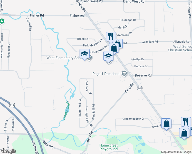 map of restaurants, bars, coffee shops, grocery stores, and more near 52 Wind Mill Road in Buffalo