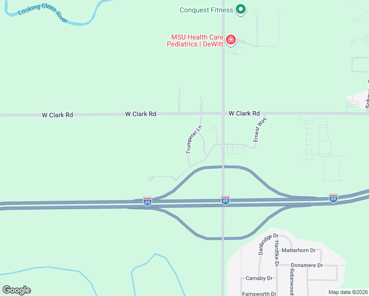 map of restaurants, bars, coffee shops, grocery stores, and more near 14160 Trumpeter Lane in Lansing