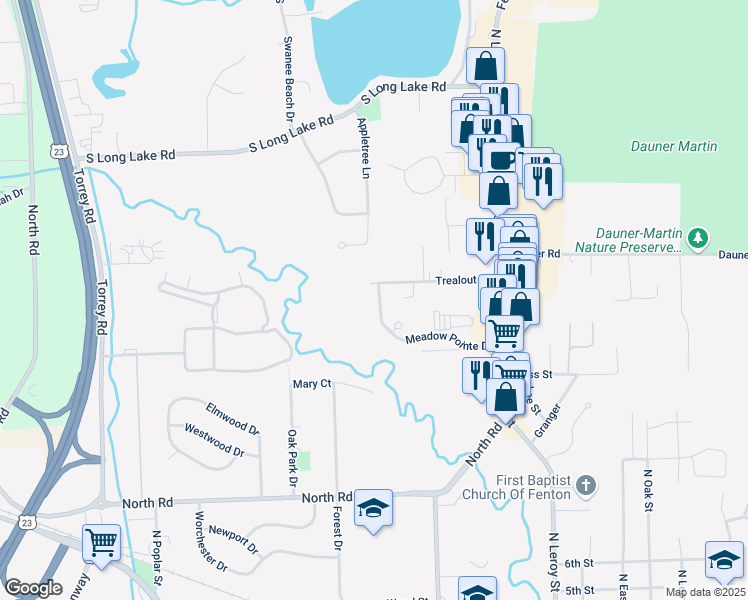 map of restaurants, bars, coffee shops, grocery stores, and more near 311 Meadow Pointe Drive in Fenton