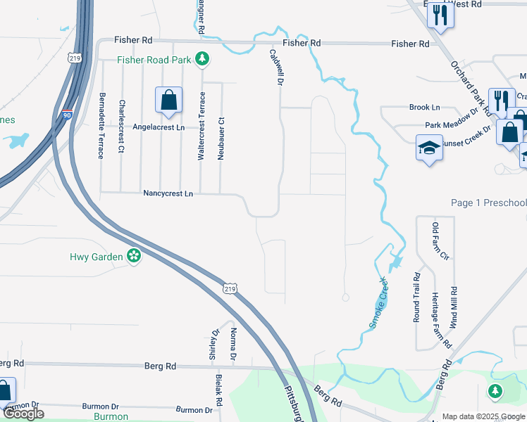 map of restaurants, bars, coffee shops, grocery stores, and more near 111 Caldwell Drive in West Seneca