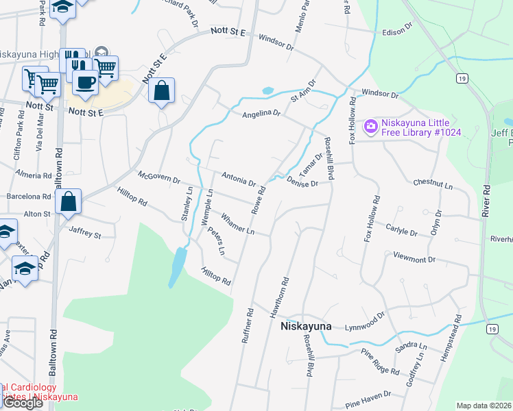 map of restaurants, bars, coffee shops, grocery stores, and more near Rowe Road in Schenectady County