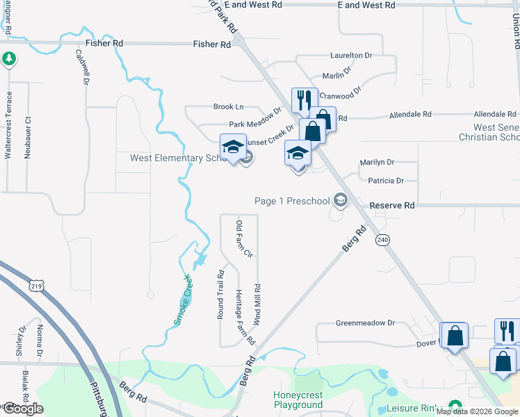 map of restaurants, bars, coffee shops, grocery stores, and more near 52 Wind Mill Road in Buffalo