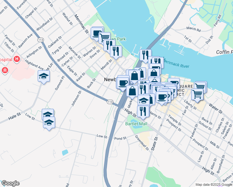 map of restaurants, bars, coffee shops, grocery stores, and more near 41 Washington Street in Newburyport