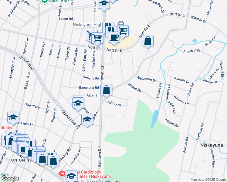 map of restaurants, bars, coffee shops, grocery stores, and more near 1347 Van Antwerp Road in Schenectady County