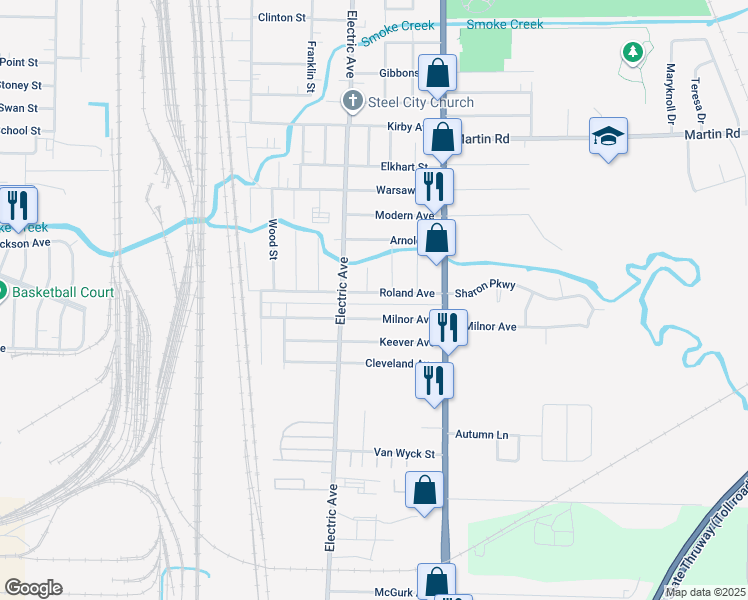 map of restaurants, bars, coffee shops, grocery stores, and more near 156 Roland Avenue in Buffalo