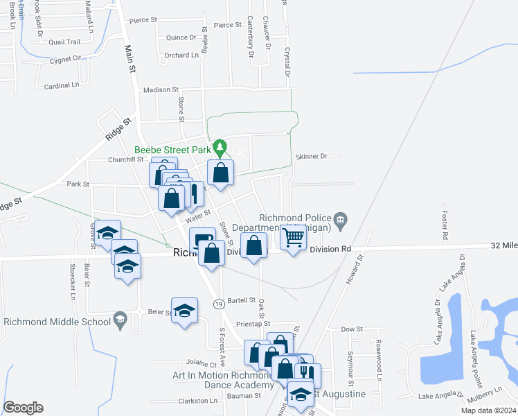 map of restaurants, bars, coffee shops, grocery stores, and more near 69412 Lester Court in Richmond