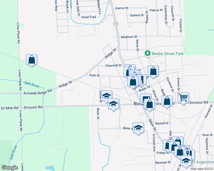 map of restaurants, bars, coffee shops, grocery stores, and more near 69345 Walnut Street in Richmond