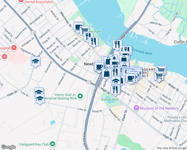 map of restaurants, bars, coffee shops, grocery stores, and more near 41 Washington Street in Newburyport