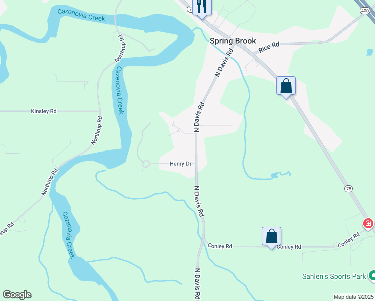 map of restaurants, bars, coffee shops, grocery stores, and more near 458 North Davis Road in Erie County