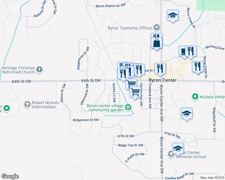 map of restaurants, bars, coffee shops, grocery stores, and more near 2680 84th Street Southwest in Byron Center