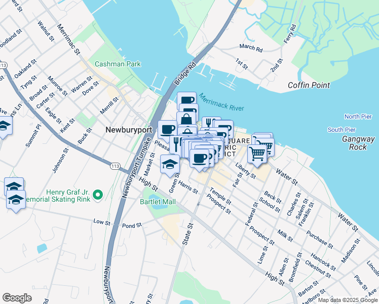 map of restaurants, bars, coffee shops, grocery stores, and more near 15 Green Street in Newburyport