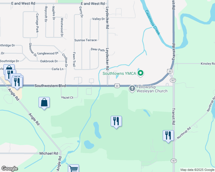 map of restaurants, bars, coffee shops, grocery stores, and more near 35 Leydecker Road in West Seneca