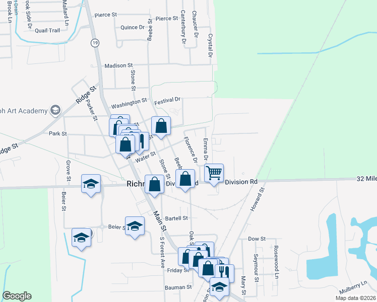 map of restaurants, bars, coffee shops, grocery stores, and more near 69157 Florence Drive in Richmond