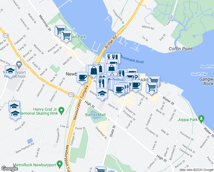 map of restaurants, bars, coffee shops, grocery stores, and more near 70 Pleasant Street in Newburyport