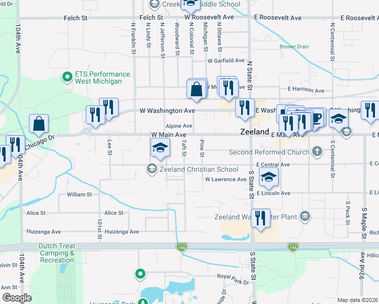 map of restaurants, bars, coffee shops, grocery stores, and more near 28 Pine Street in Zeeland