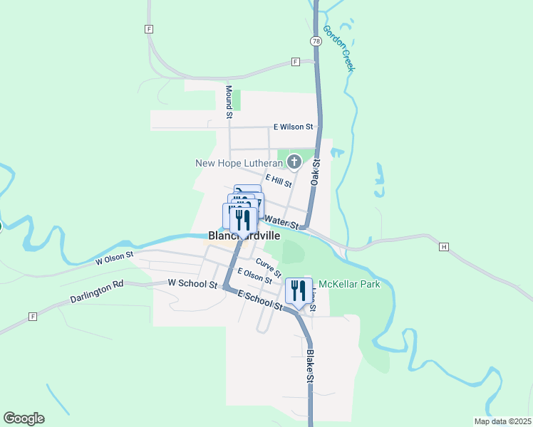 map of restaurants, bars, coffee shops, grocery stores, and more near 108 East Church Street in Blanchardville