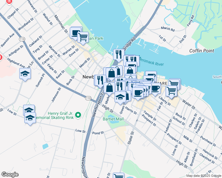 map of restaurants, bars, coffee shops, grocery stores, and more near 13 Market Street in Newburyport