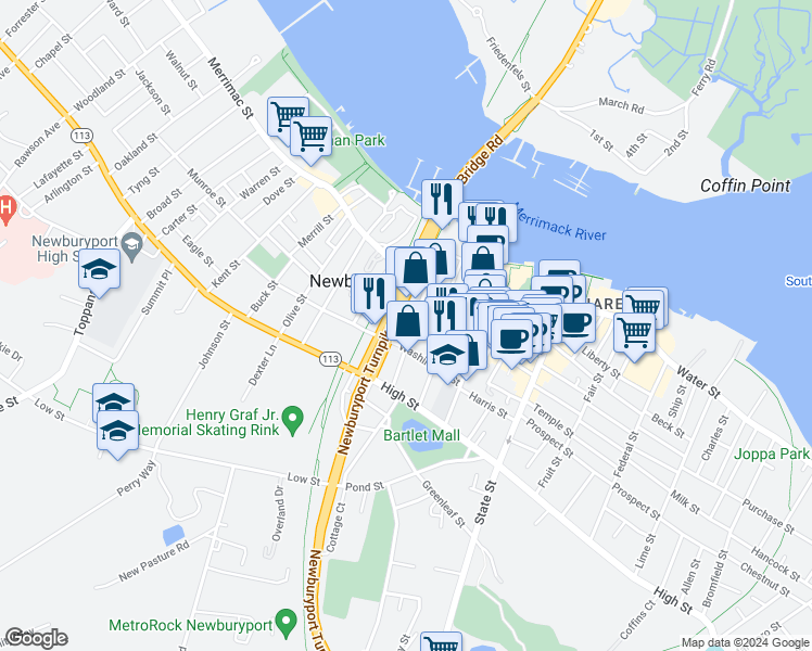 map of restaurants, bars, coffee shops, grocery stores, and more near 13 Market Street in Newburyport