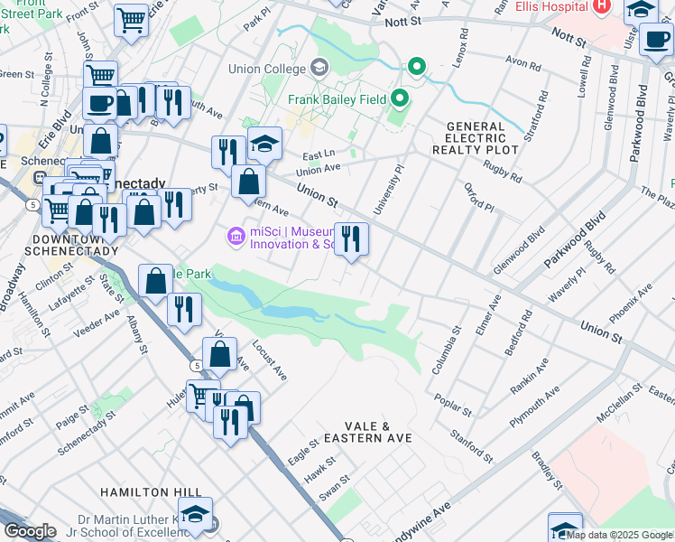 map of restaurants, bars, coffee shops, grocery stores, and more near 107 Degraff Street in Schenectady