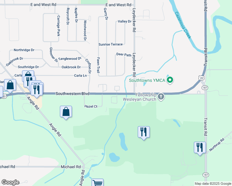 map of restaurants, bars, coffee shops, grocery stores, and more near 1420 Southwestern Boulevard in West Seneca