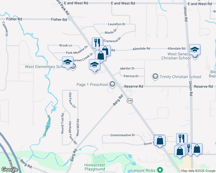 map of restaurants, bars, coffee shops, grocery stores, and more near 1475 Orchard Park Road in West Seneca