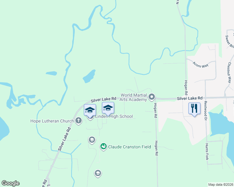 map of restaurants, bars, coffee shops, grocery stores, and more near 7140 Silver Lake Road in Linden