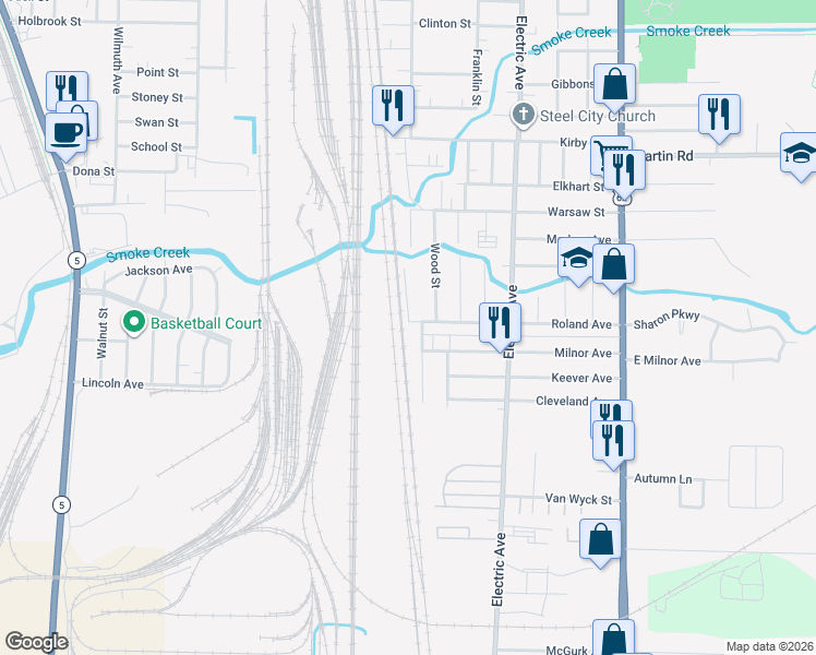 map of restaurants, bars, coffee shops, grocery stores, and more near 1 Roland Avenue in Lackawanna